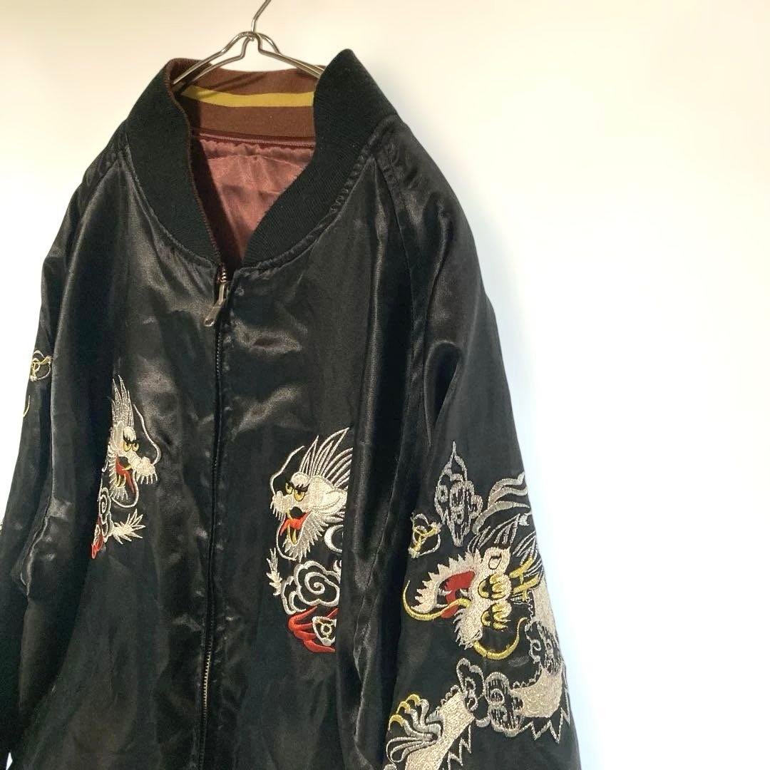 リバーシブル スカジャン 龍 鷹 刺繍 日本地図 Lサイズ 和柄 ヴィンテージ風
