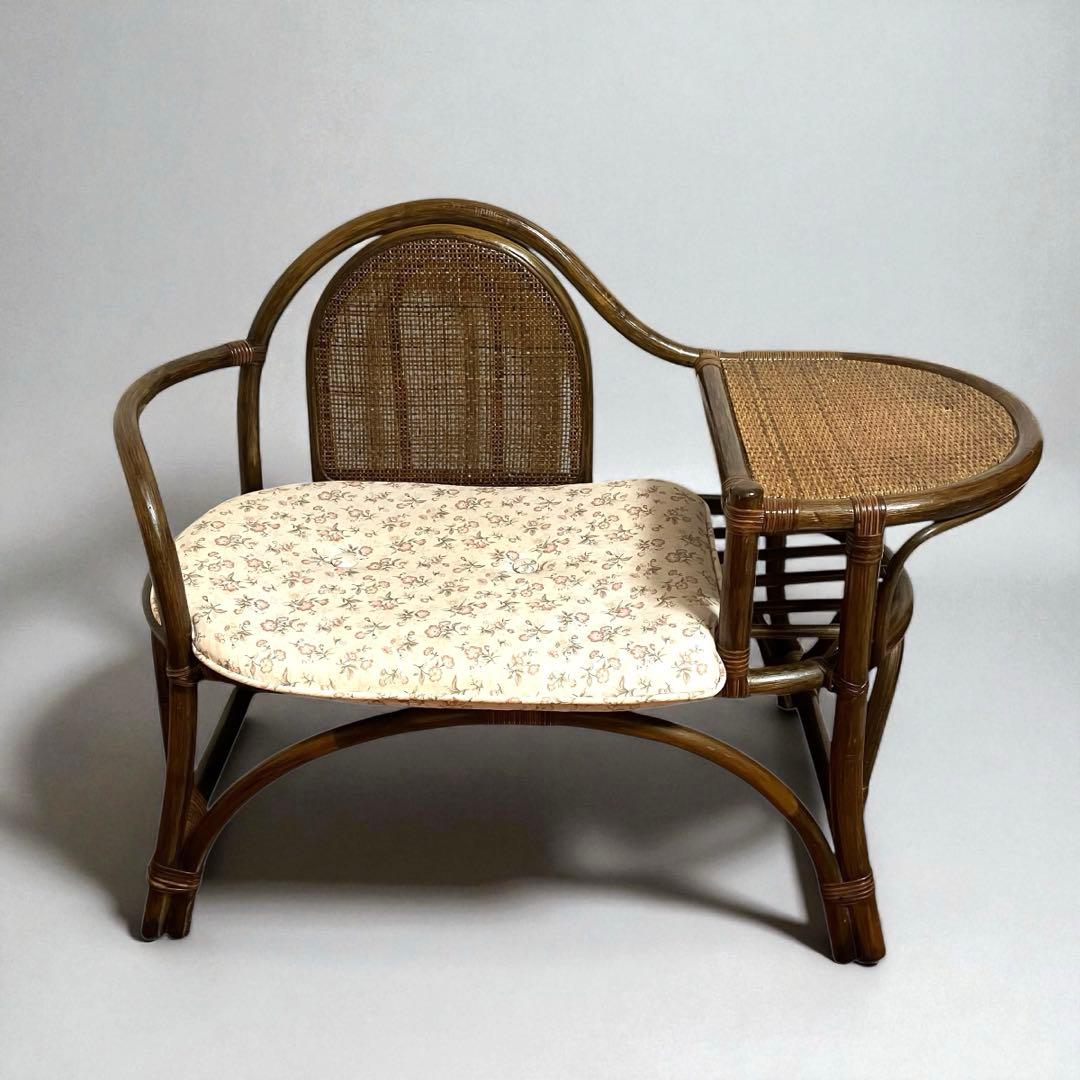 【美品】 ラタンチェア テレフォンベンチ 籐家具 サイドテーブル付き　昭和レトロ