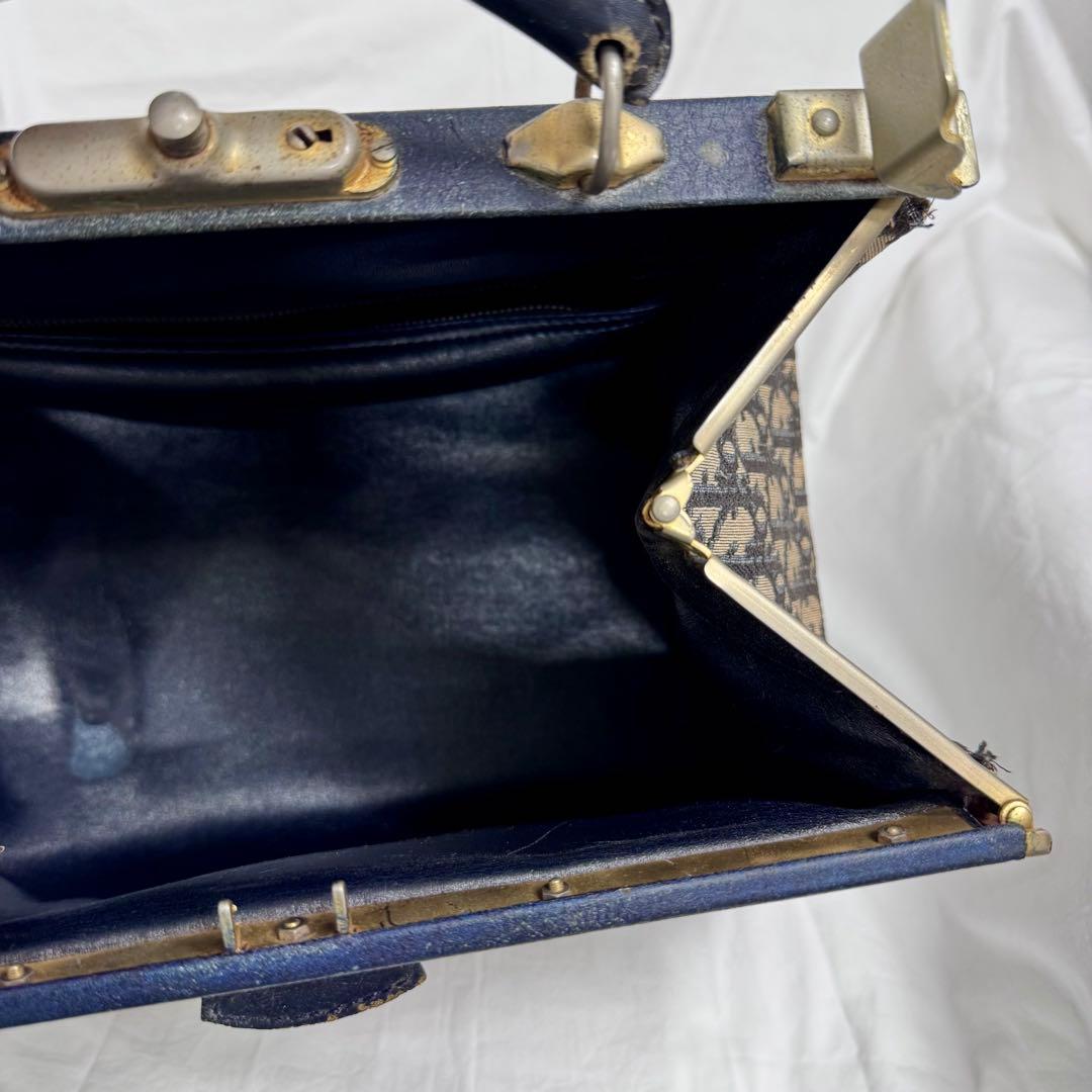 Dior ビンテージボストンバッグ ネイビー がま口ハンドバッグトロッター柄