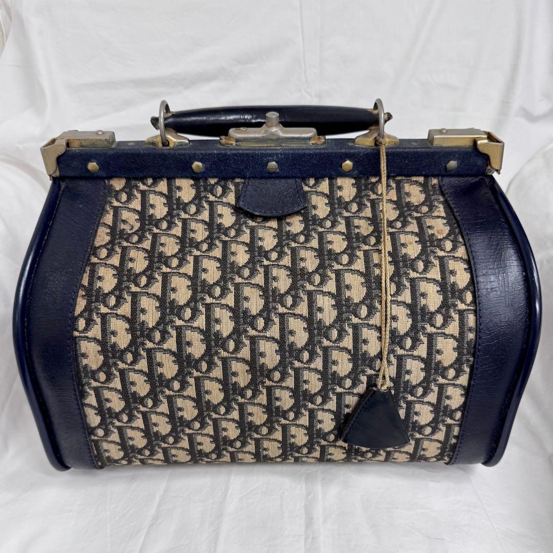 Dior ビンテージボストンバッグ ネイビー がま口ハンドバッグトロッター柄