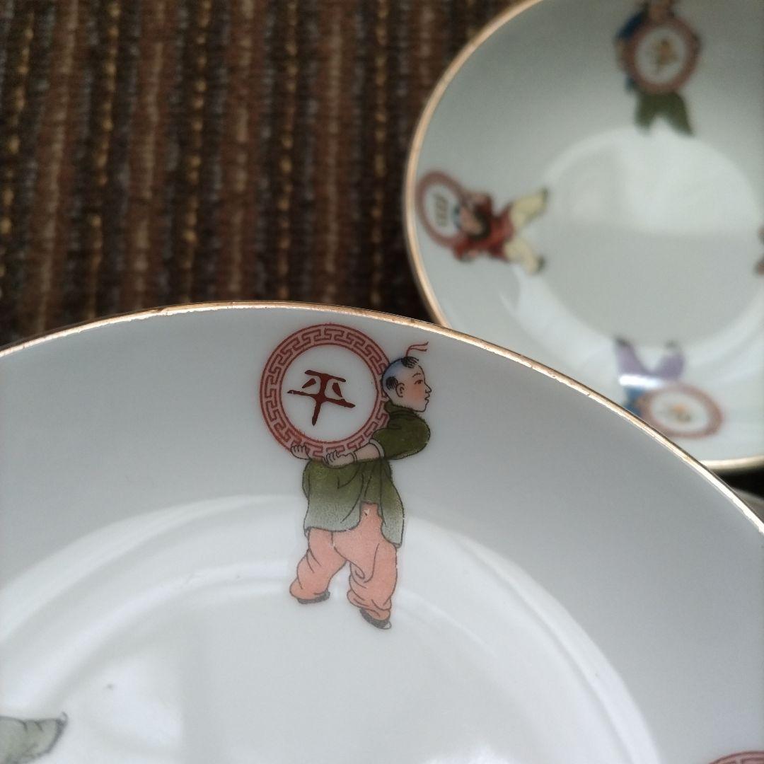 【美品】中国醴陵　「四季平安」唐子／童子　醤油皿　４枚セット