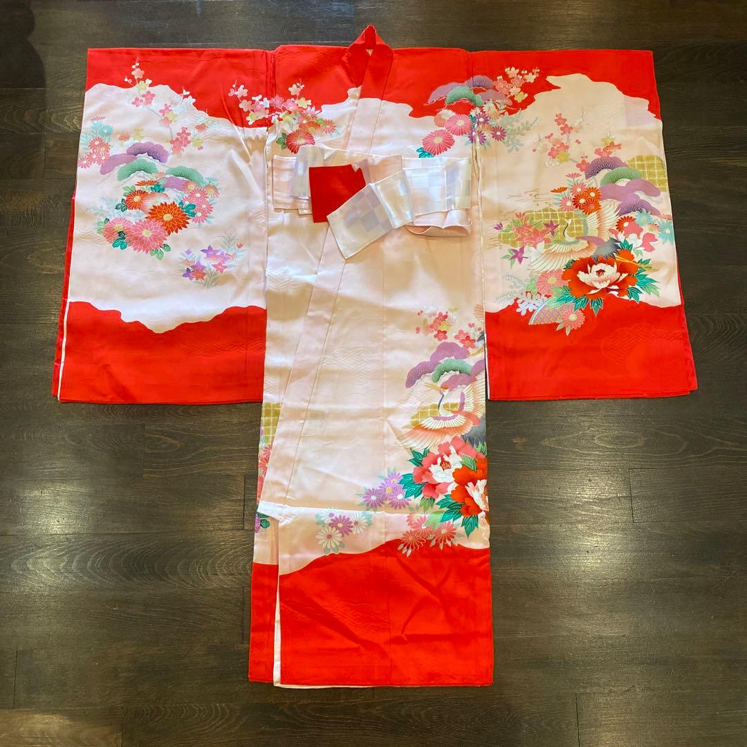アンティーク 七五三 一つ身 三歳 着物 作り帯 他 フルセット 正絹 牡丹 赤