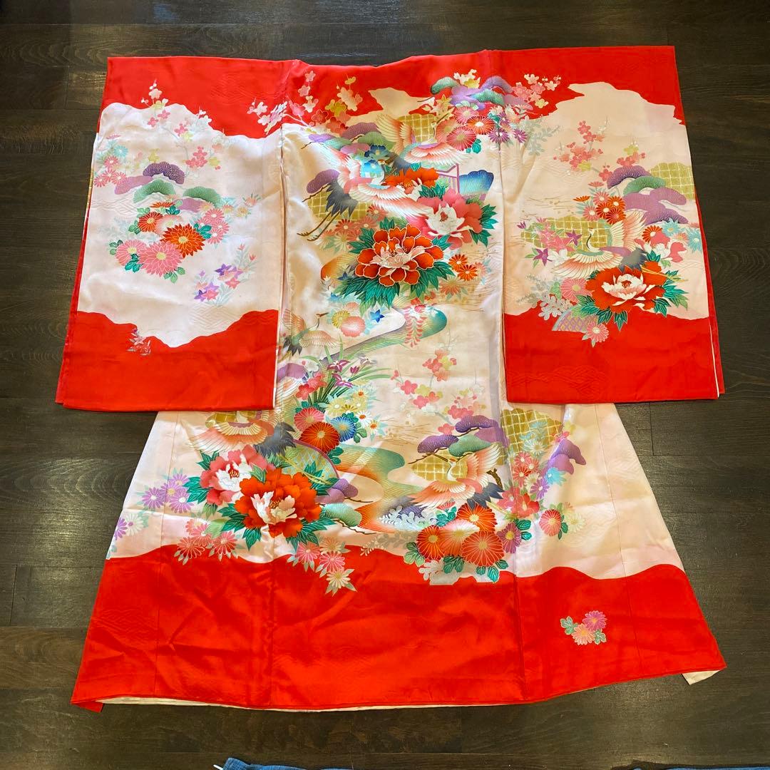 アンティーク 七五三 一つ身 三歳 着物 作り帯 他 フルセット 正絹 牡丹 赤