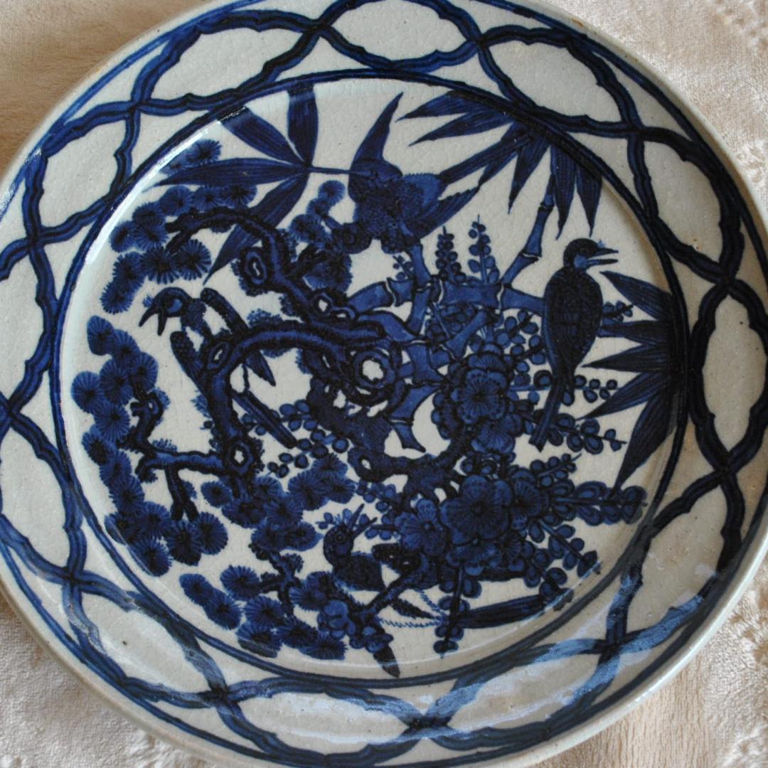 吉祥文 染付 大皿　30㎝ 中村東洸 鳥柄 松竹梅 新年　正月京焼