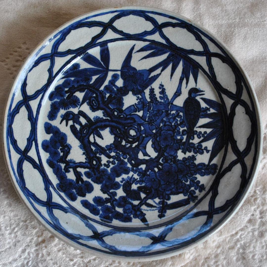 吉祥文 染付 大皿　30㎝ 中村東洸 鳥柄 松竹梅 新年　正月京焼