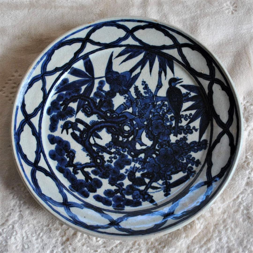 吉祥文 染付 大皿　30㎝ 中村東洸 鳥柄 松竹梅 新年　正月京焼