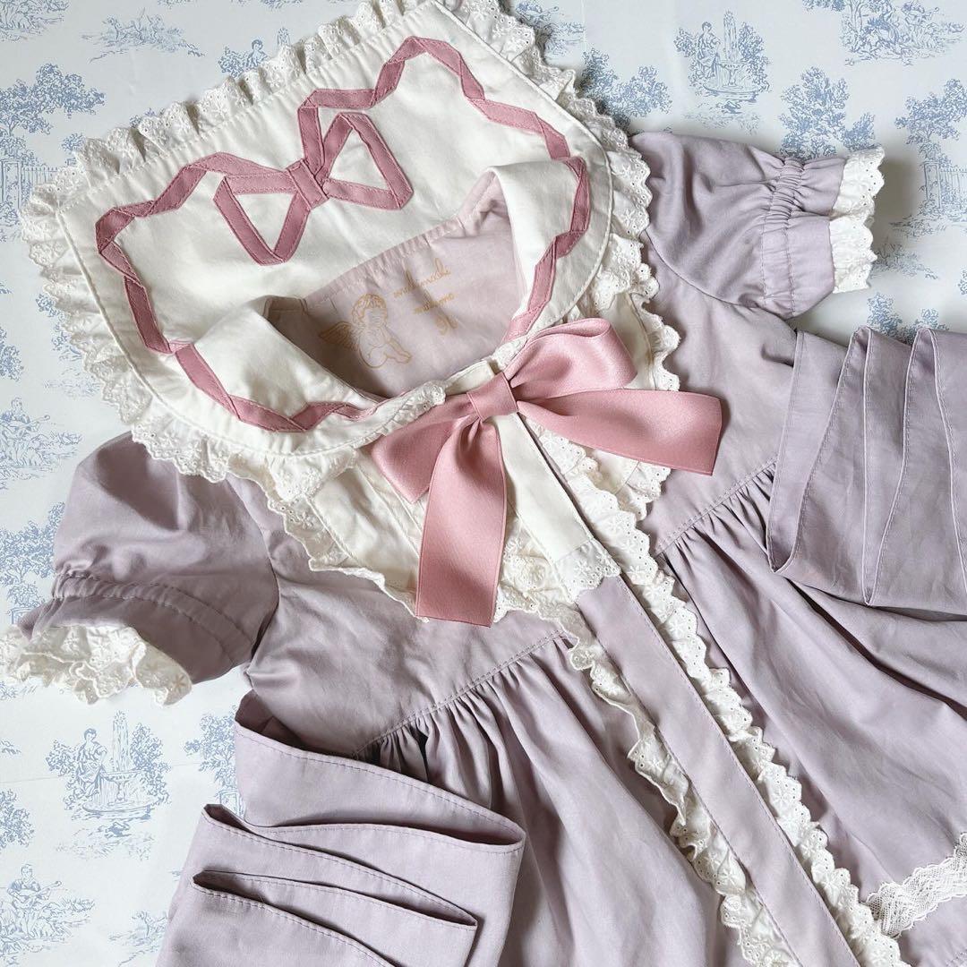 ハンドメイド♡90cmラベンダーフリルたっぷりセーラーワンピースリボン