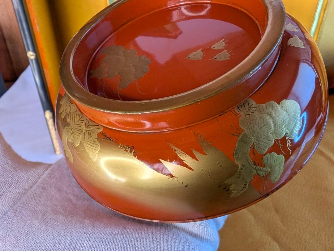 明治時代 輪島塗 金蒔絵 蓋付椀 波千鳥 3客 木製 汁椀 雑煮椀