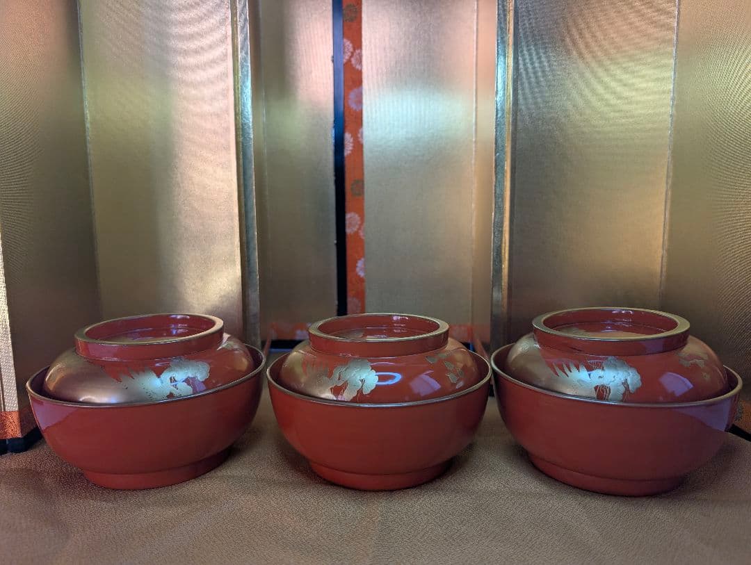 明治時代 輪島塗 金蒔絵 蓋付椀 波千鳥 3客 木製 汁椀 雑煮椀