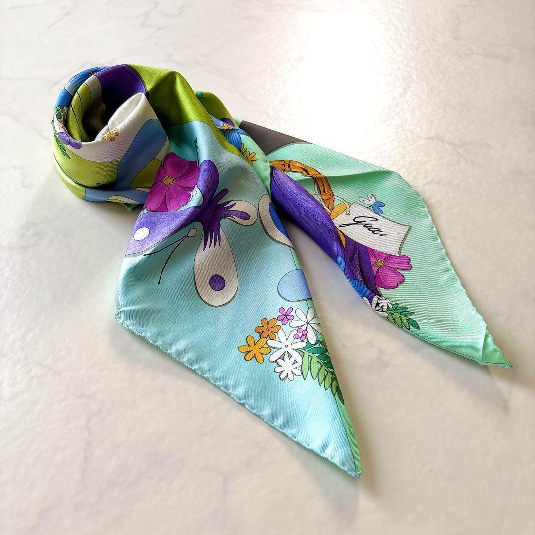希少 GUCCI シルクスカーフ 大判 ホースビット×バンブーバッグ 花柄