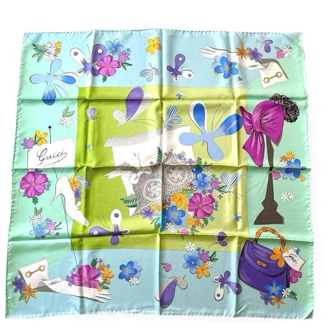 希少 GUCCI シルクスカーフ 大判 ホースビット×バンブーバッグ 花柄