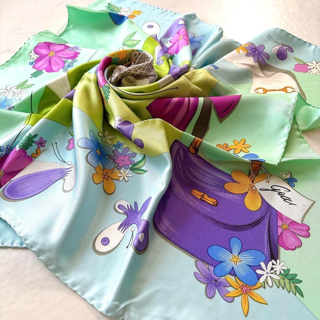 希少 GUCCI シルクスカーフ 大判 ホースビット×バンブーバッグ 花柄