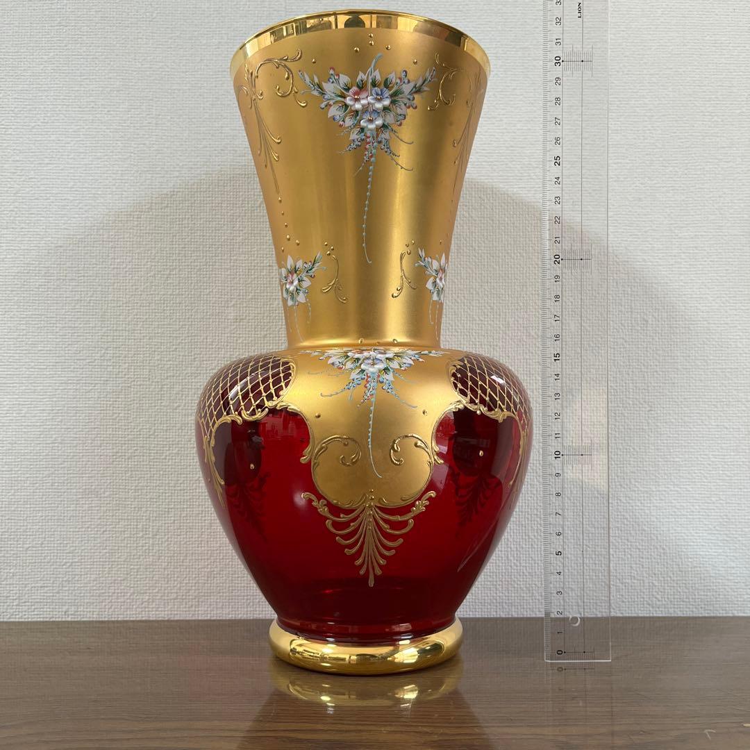 希少★イタリア製 ヴェネツィアグラス フラワーベース レッド 花瓶 ムラノグラス