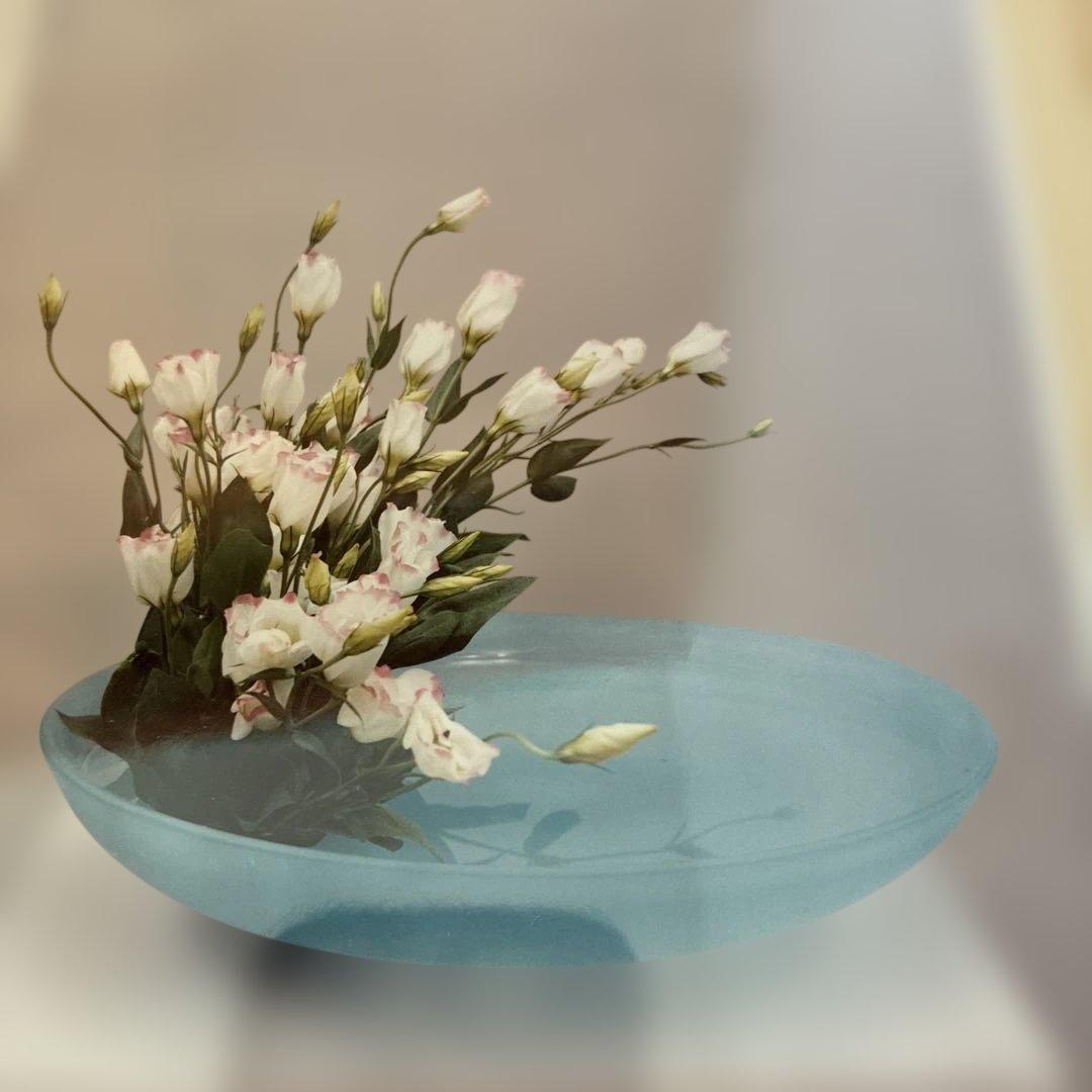 ガラス青色楕円形花器生け花華展用に