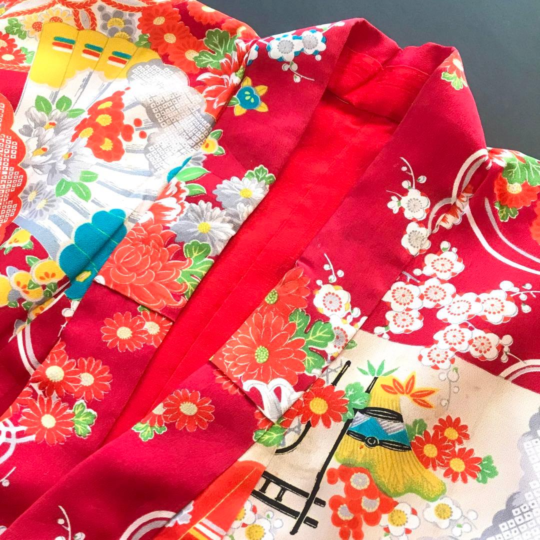 正絹 アンティークレトロ着物 女の子 七五三 ◇扇 花 古典柄