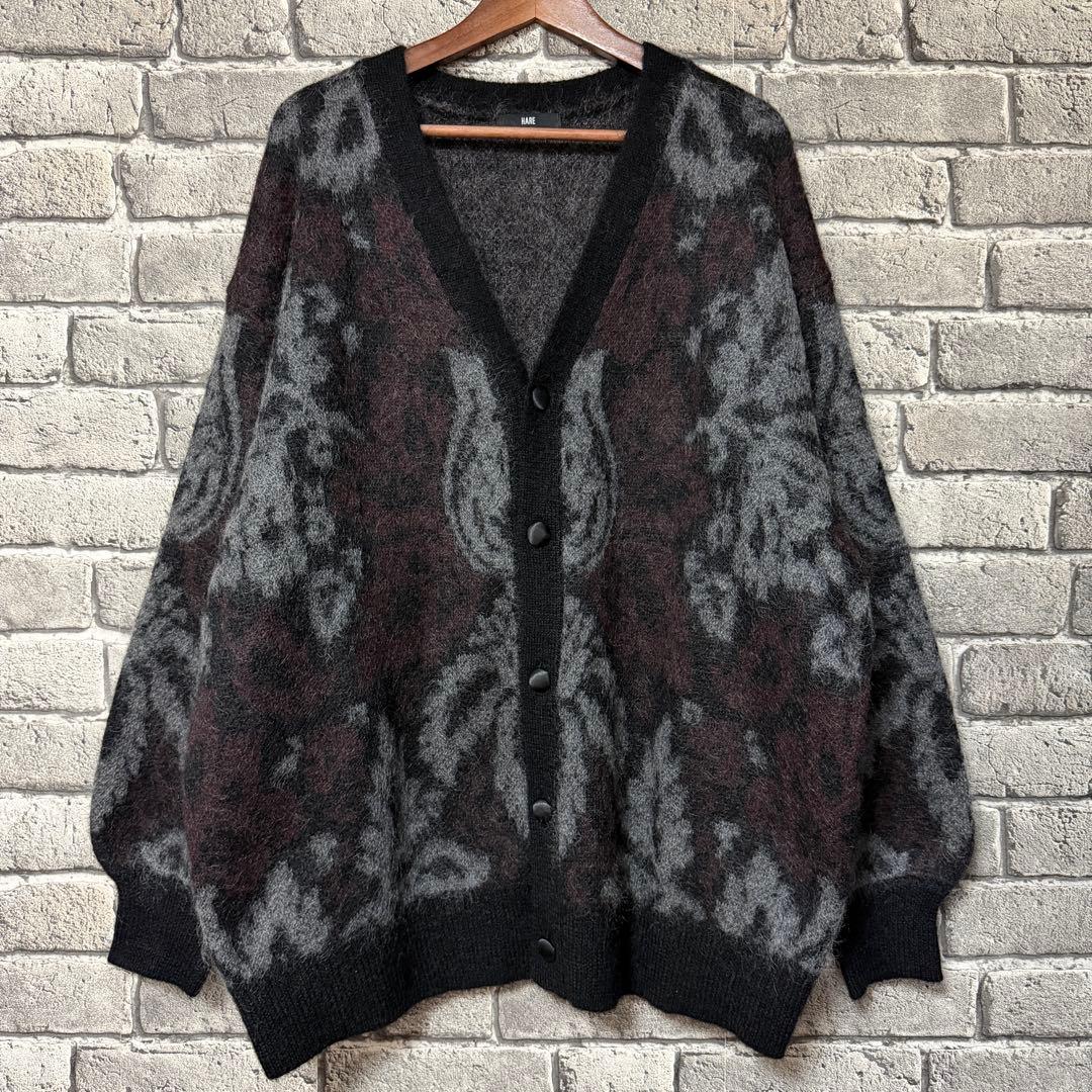 【美品】HARE　ダマスクガラモヘアカーディガン　ブラック　セーター