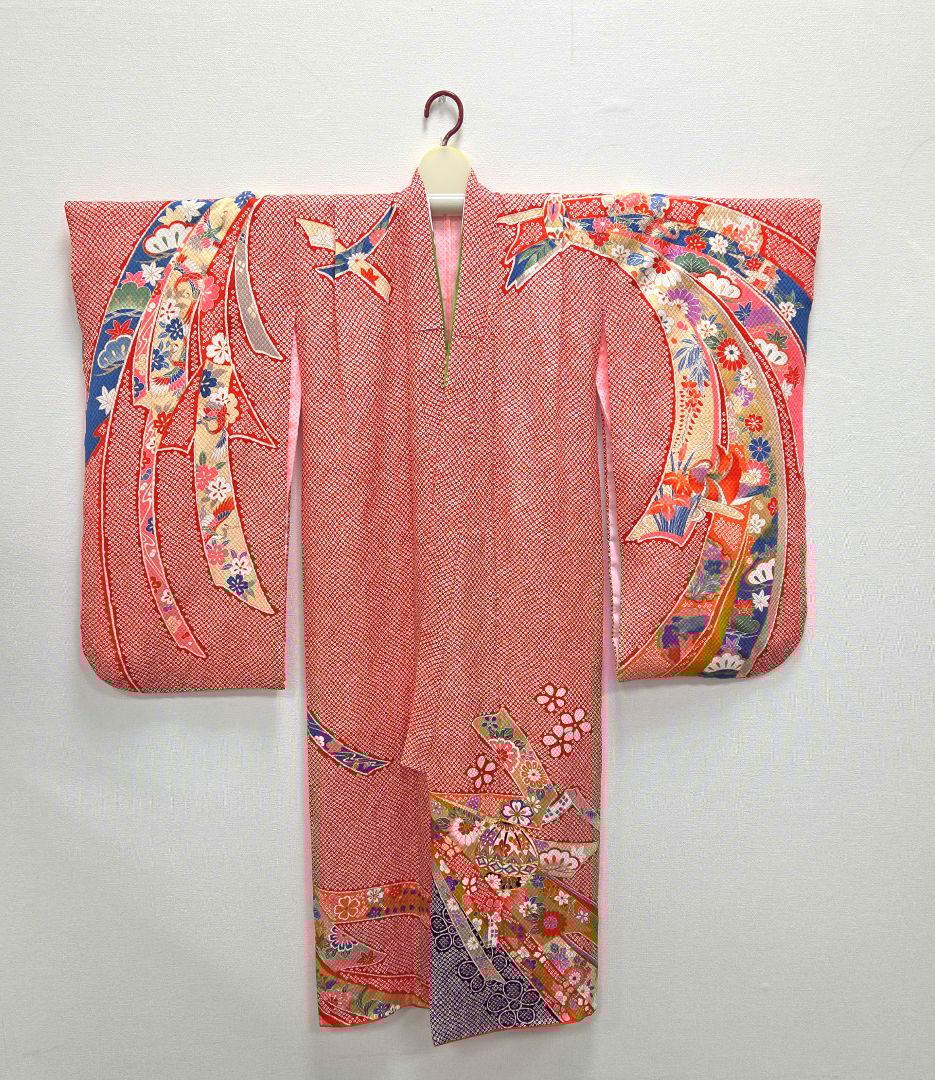 七五三　7歳　120cm　赤　ポリエステル　袋帯　髪飾り