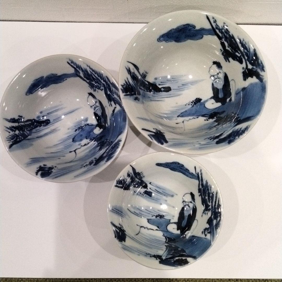 M398-5 江戸時代 古伊万里 染付山水仙人人物文 三種大丼鉢 大茶碗