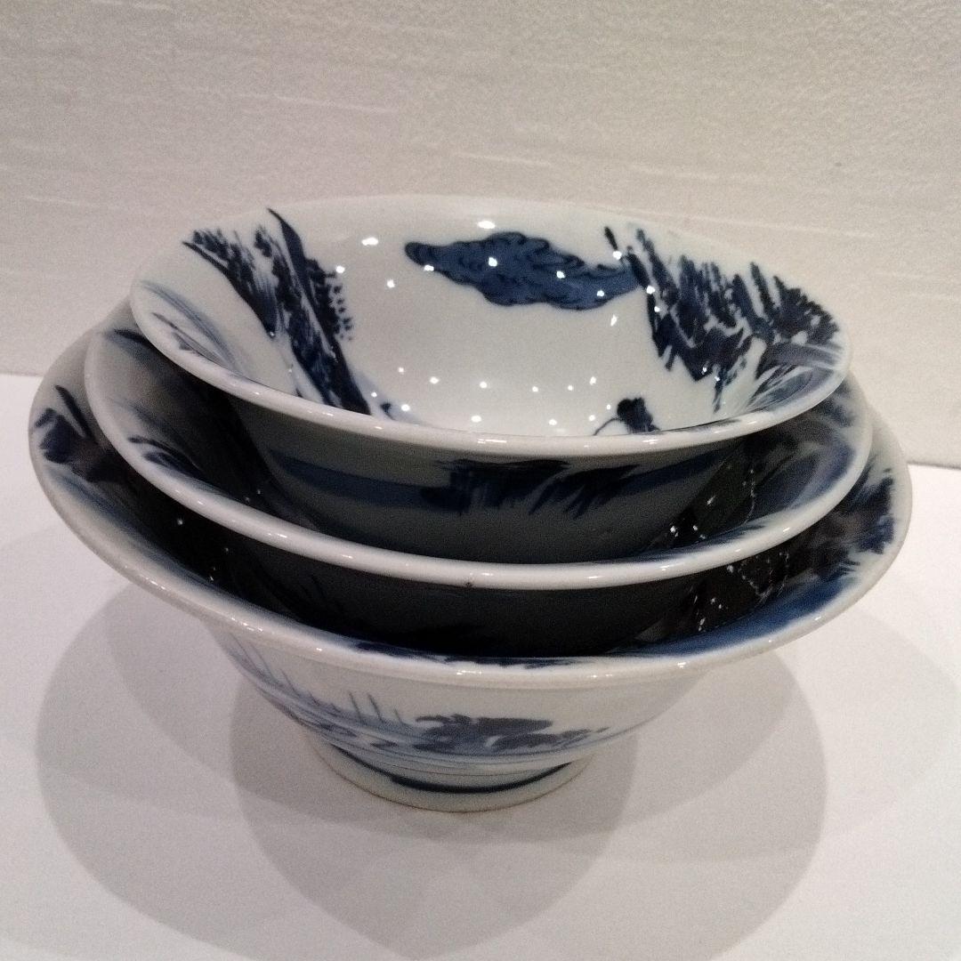 M398-5 江戸時代 古伊万里 染付山水仙人人物文 三種大丼鉢 大茶碗