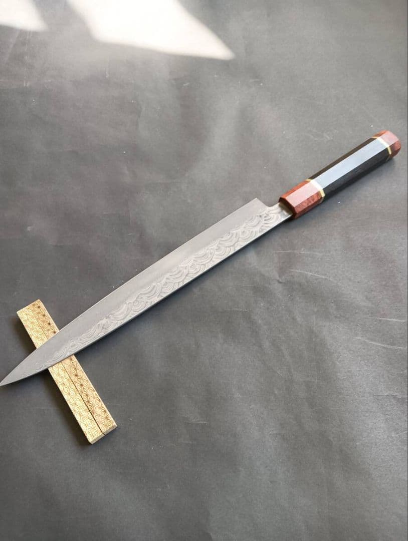 墨流しV金10号柳刃包丁285mm 黒檀花梨瘤八角柄