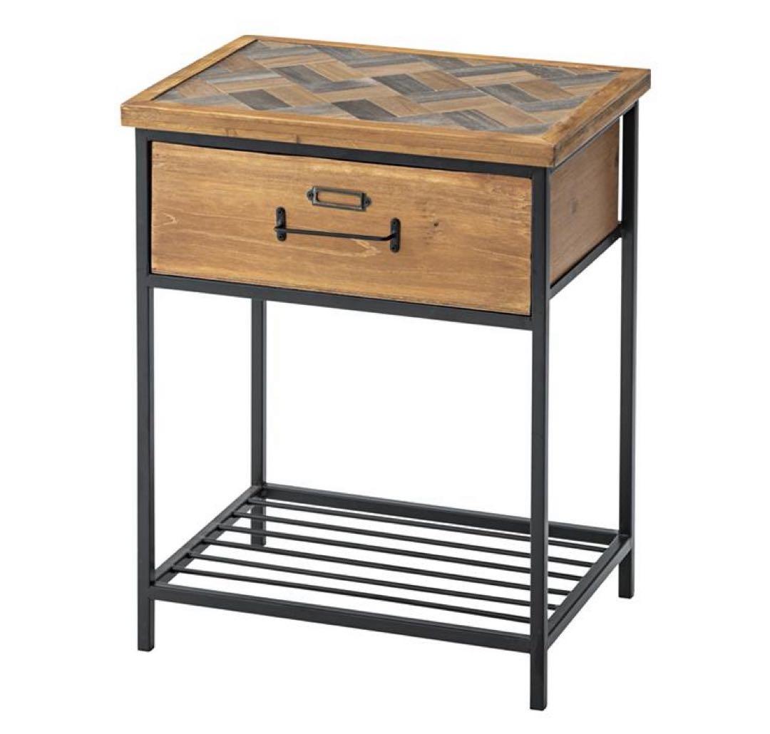 ヘリンボーン　英国調　アンティーク　サイドテーブル　アイアン　木製引き出し