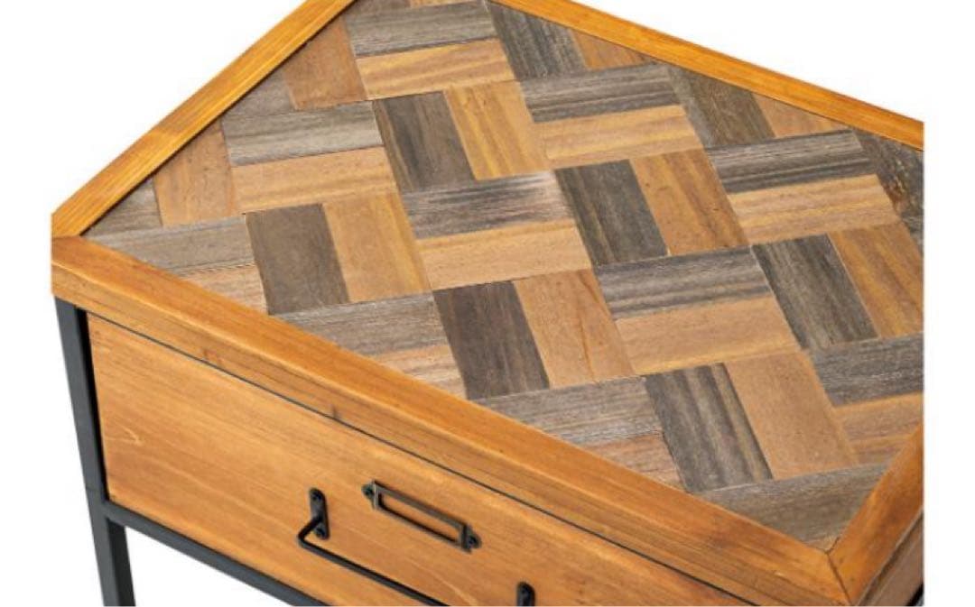 ヘリンボーン　英国調　アンティーク　サイドテーブル　アイアン　木製引き出し