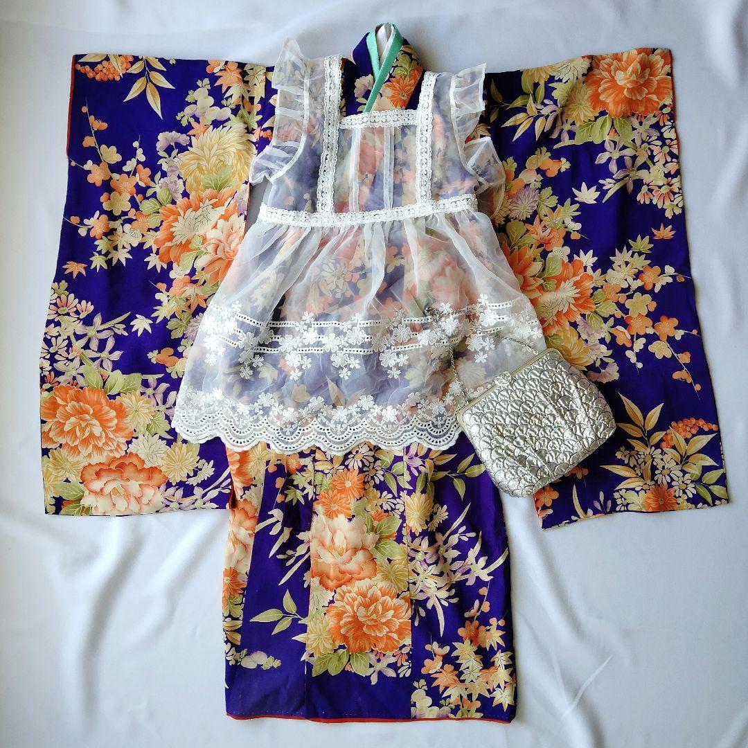 3歳　七五三　女の子　着物　アンティーク　正絹　希少　紫　パープル　青紫　錦紗