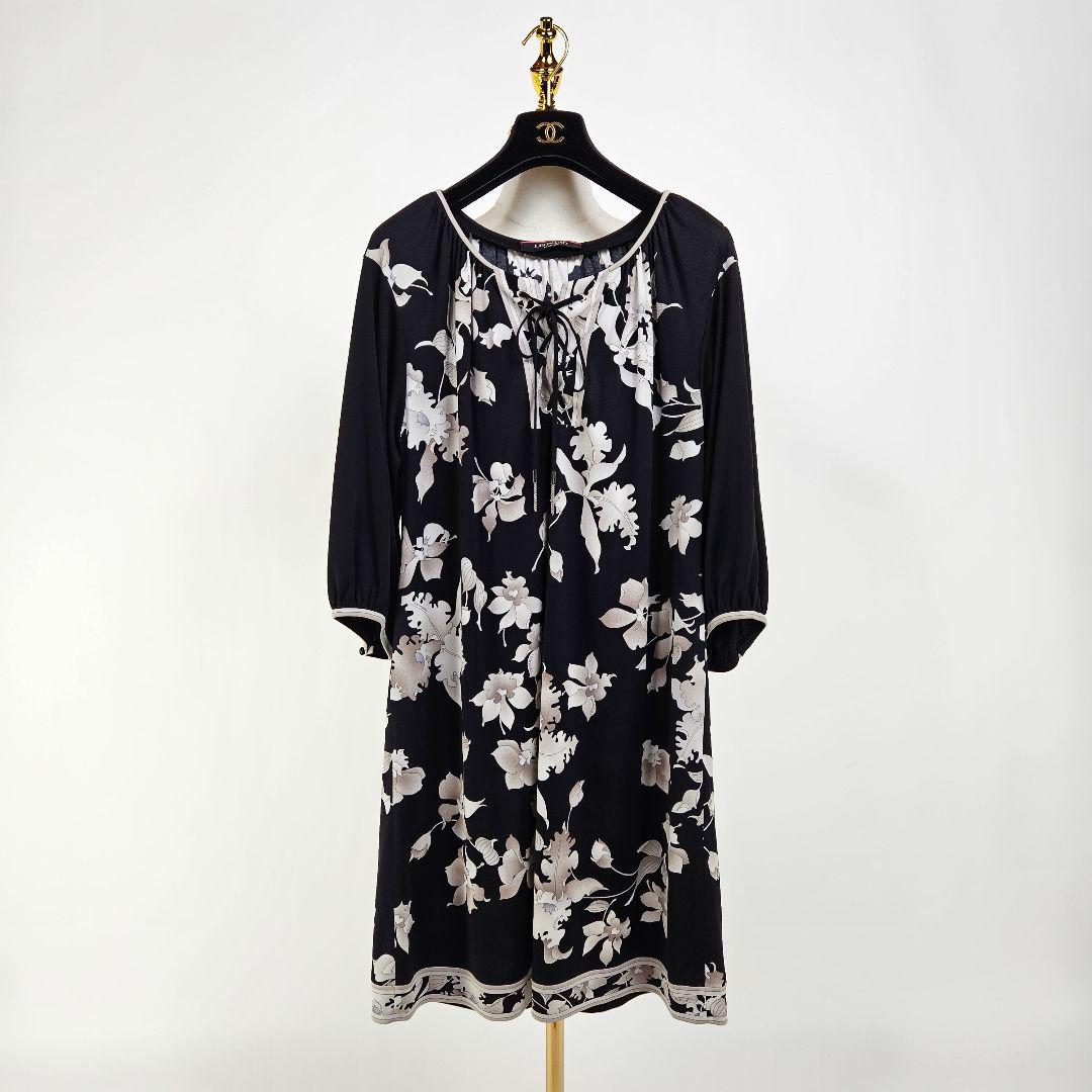 【極美品】レオナール 花柄 ワンピース フラワープリント 黒 7分袖 カンカン