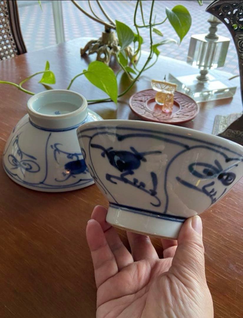 砥部焼　砥部窯　青い手描き模様の陶器飯碗　丼　7個