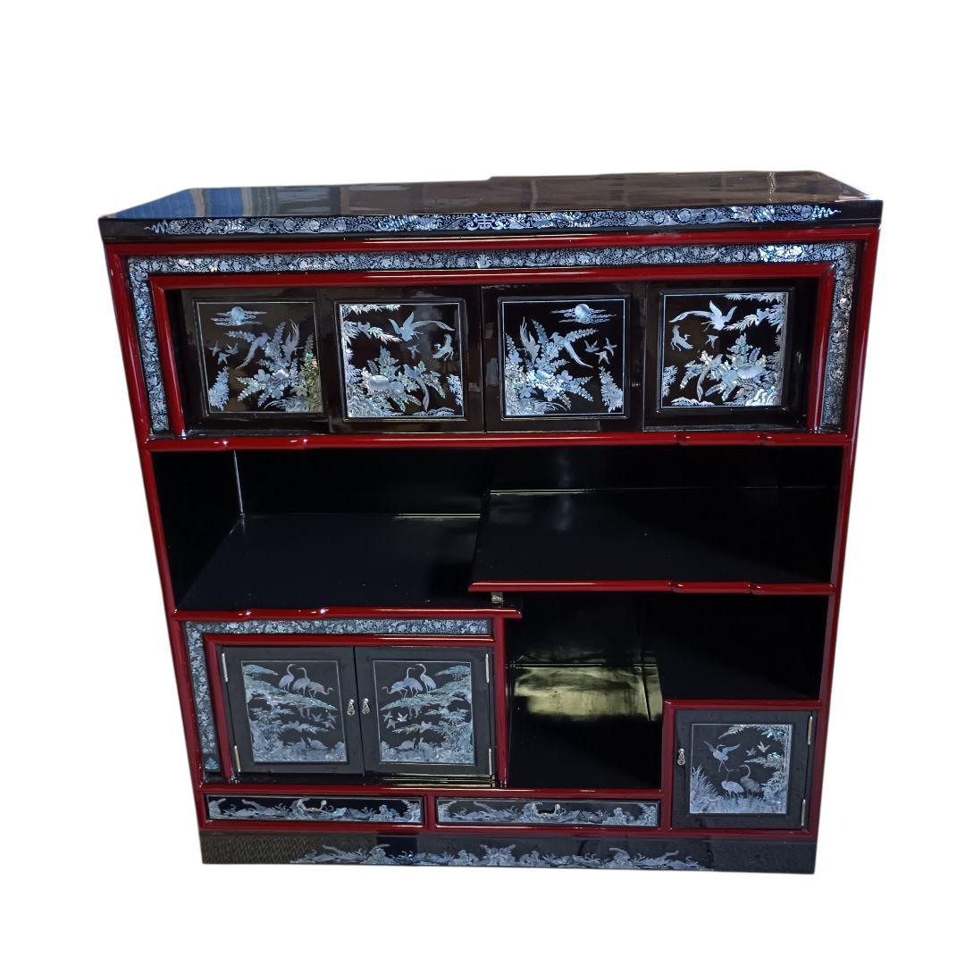 飾り棚　漆塗り　螺鈿入　朱赤　民芸家具　七門