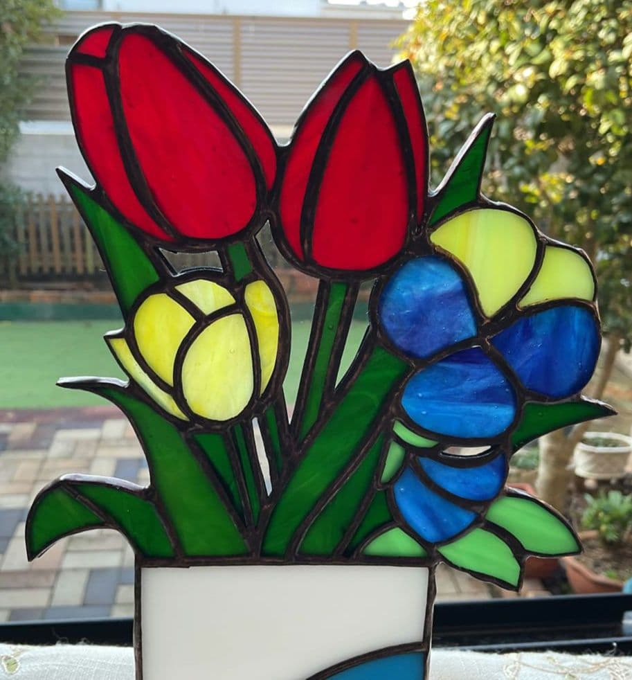 ステンドグラスパネル　チューリップとパンジー