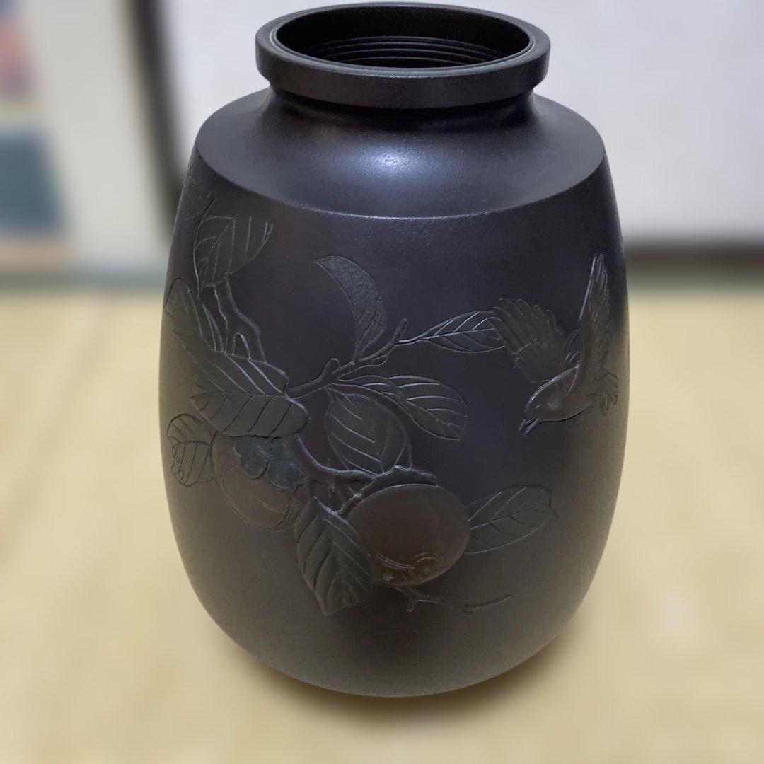 金工師 般若勘渓 高野良市 紫山銘 造 銅製 花瓶 柿に小鳥象