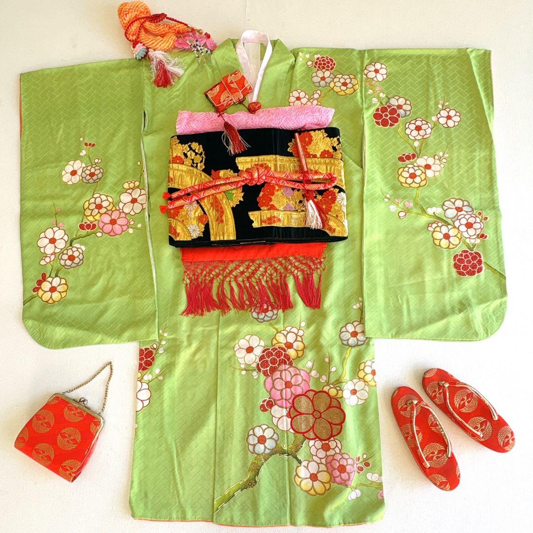 フルセット　七五三７歳女の子　着物　黄緑地　金プリント梅地紋　51219