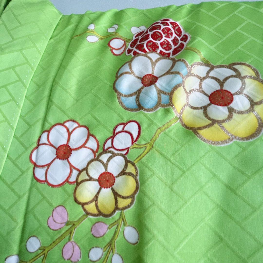 フルセット　七五三７歳女の子　着物　黄緑地　金プリント梅地紋　51219