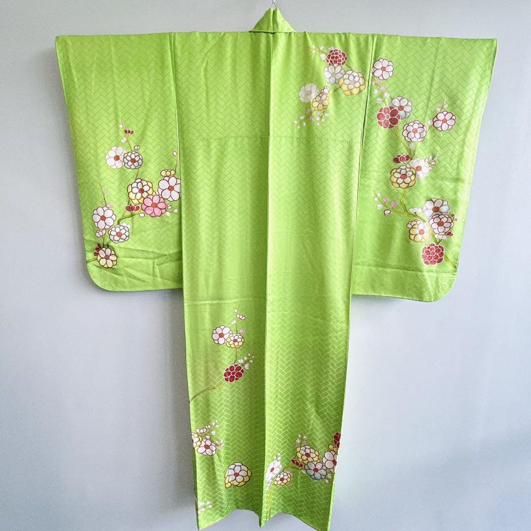 フルセット　七五三７歳女の子　着物　黄緑地　金プリント梅地紋　51219