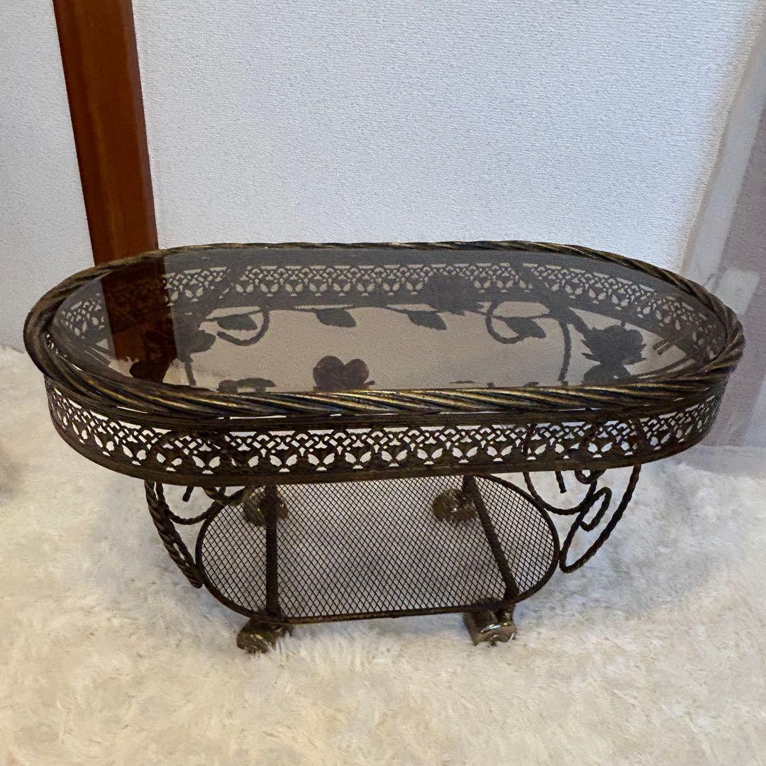 ヴィンテージ ミッドセンチュリー ガラス天板 真鍮キャスター HMC 薔薇