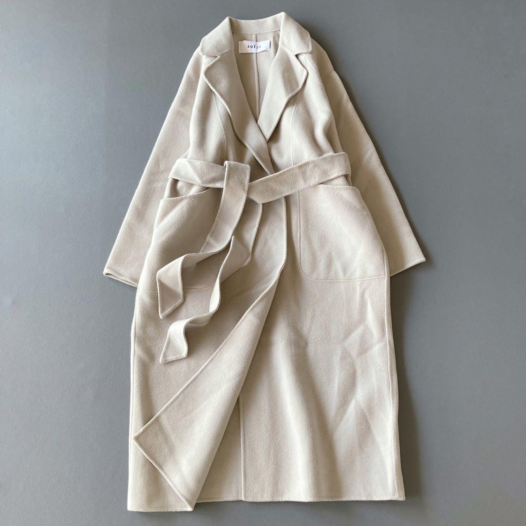 s*a様 ソージュ　ウールリバーローブコート　ロング　ベルト付き　グレージュ　S