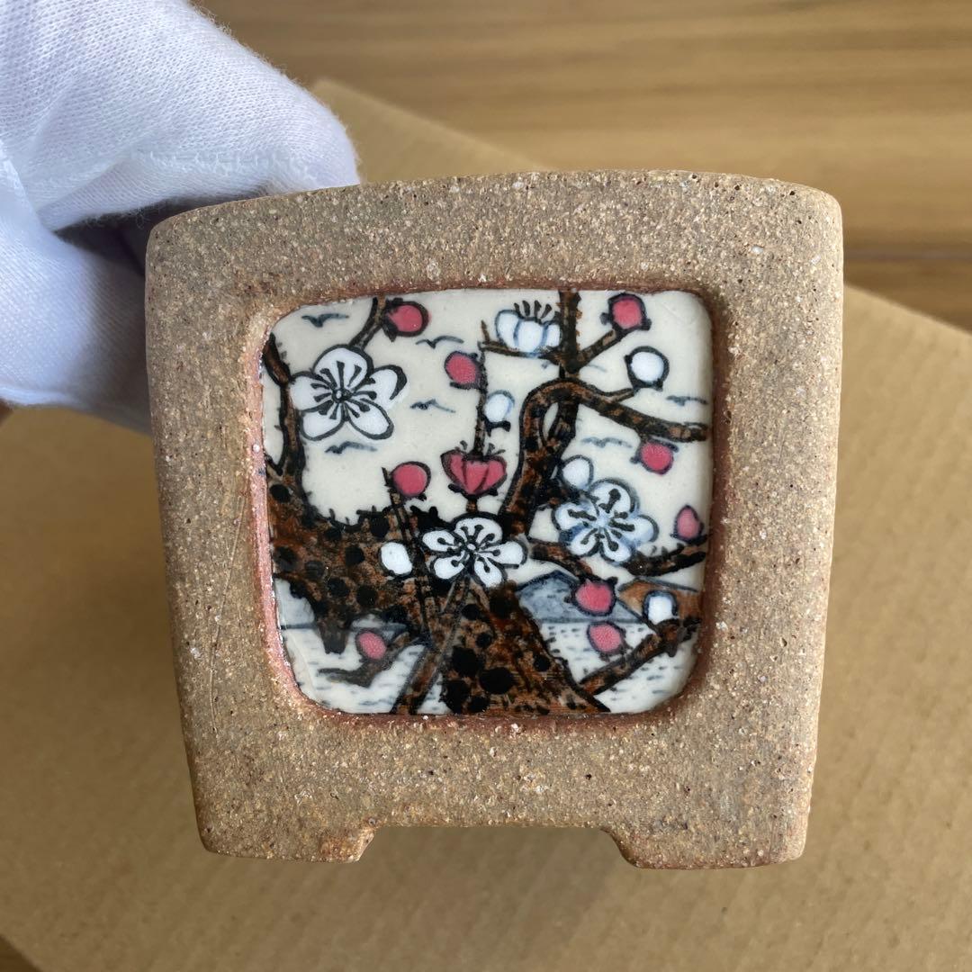 盆栽鉢　桑津香石　絵鉢　落款印　山水画　梅　桜　鳥　松　四角　山野草