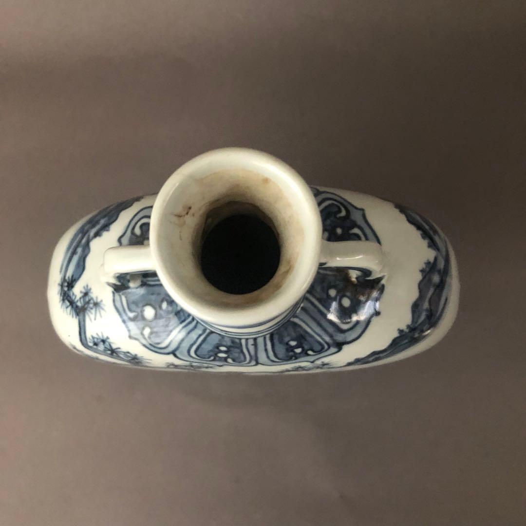 中国骨董古美術　染付 青花唐人景紋 扁壺 アンティーク