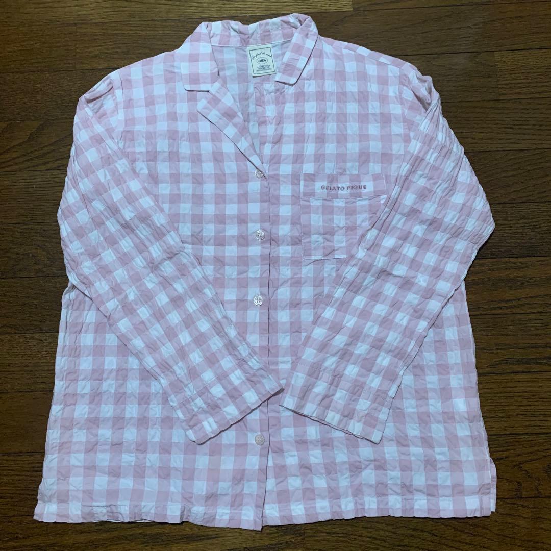 ジェラートピケ　ギンガムチェック　パジャマ　ベージュ　ピンク　上下2セット
