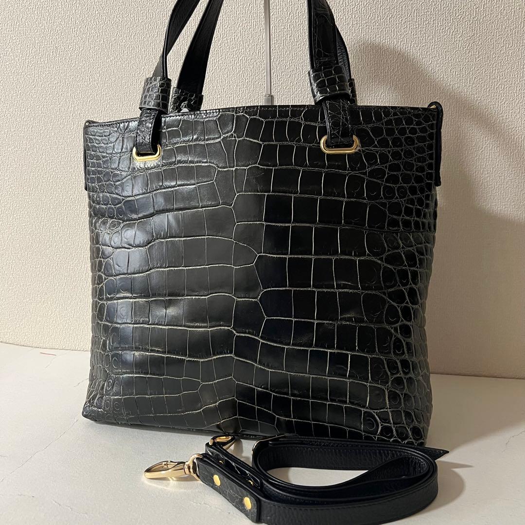 未使用品 JRA認定 クロコダイル トートバッグ 目地染め ブラック 2way
