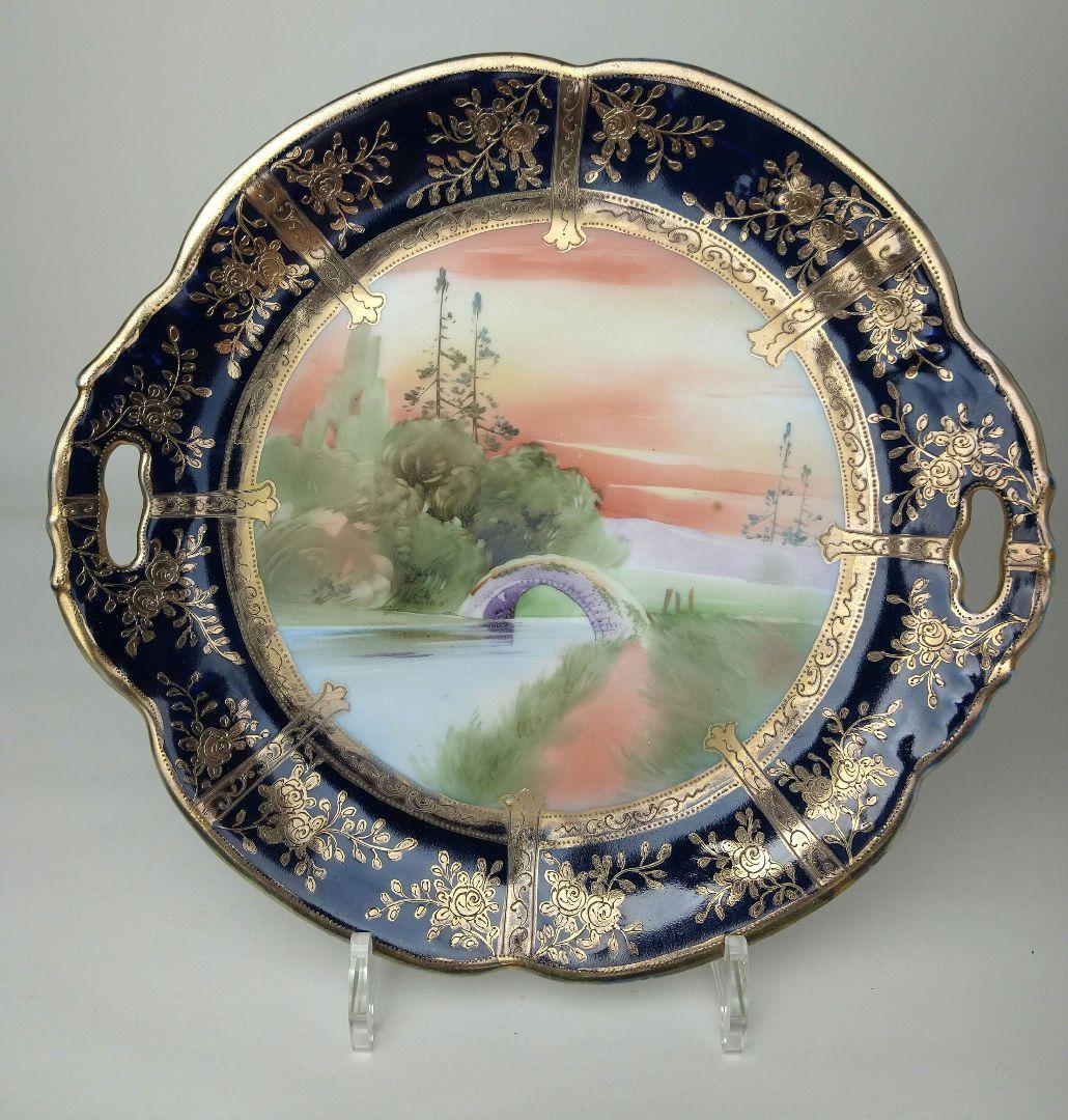 オールドノリタケ モールド 金彩薔薇絵盛り上げ風景絵シリーズ