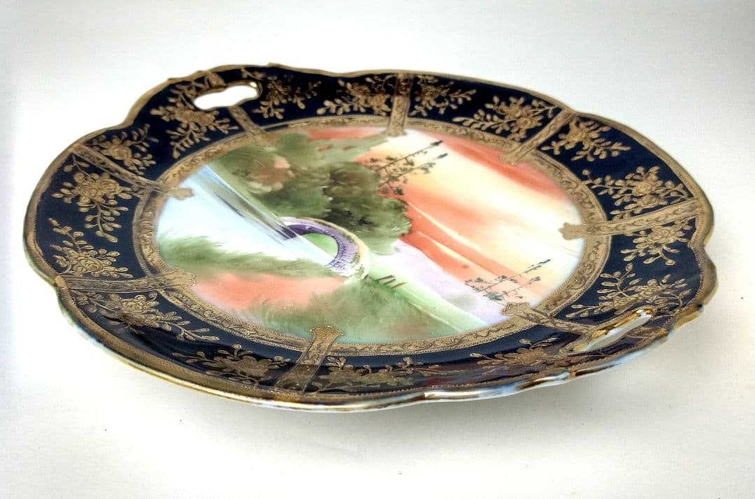 オールドノリタケ モールド 金彩薔薇絵盛り上げ風景絵シリーズ