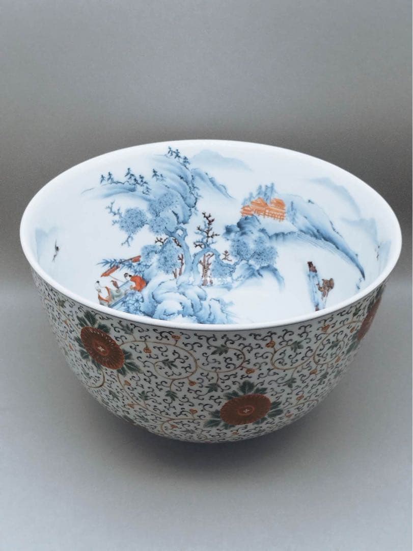 秀逸作品　十二代酒井田柿右衛門作　内染錦楼閣山水図　外錦手唐草細密絵 大鉢