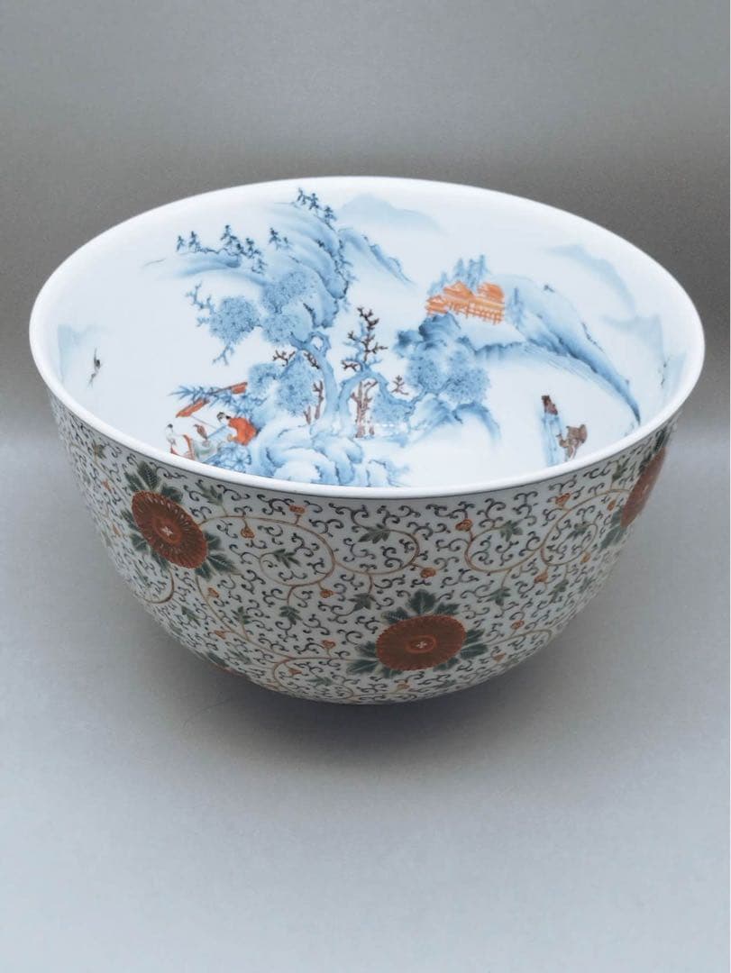 秀逸作品　十二代酒井田柿右衛門作　内染錦楼閣山水図　外錦手唐草細密絵 大鉢