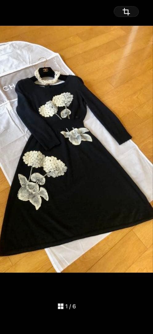 CHANELカシミア紫陽花柄刺繍ニットワンピース美品