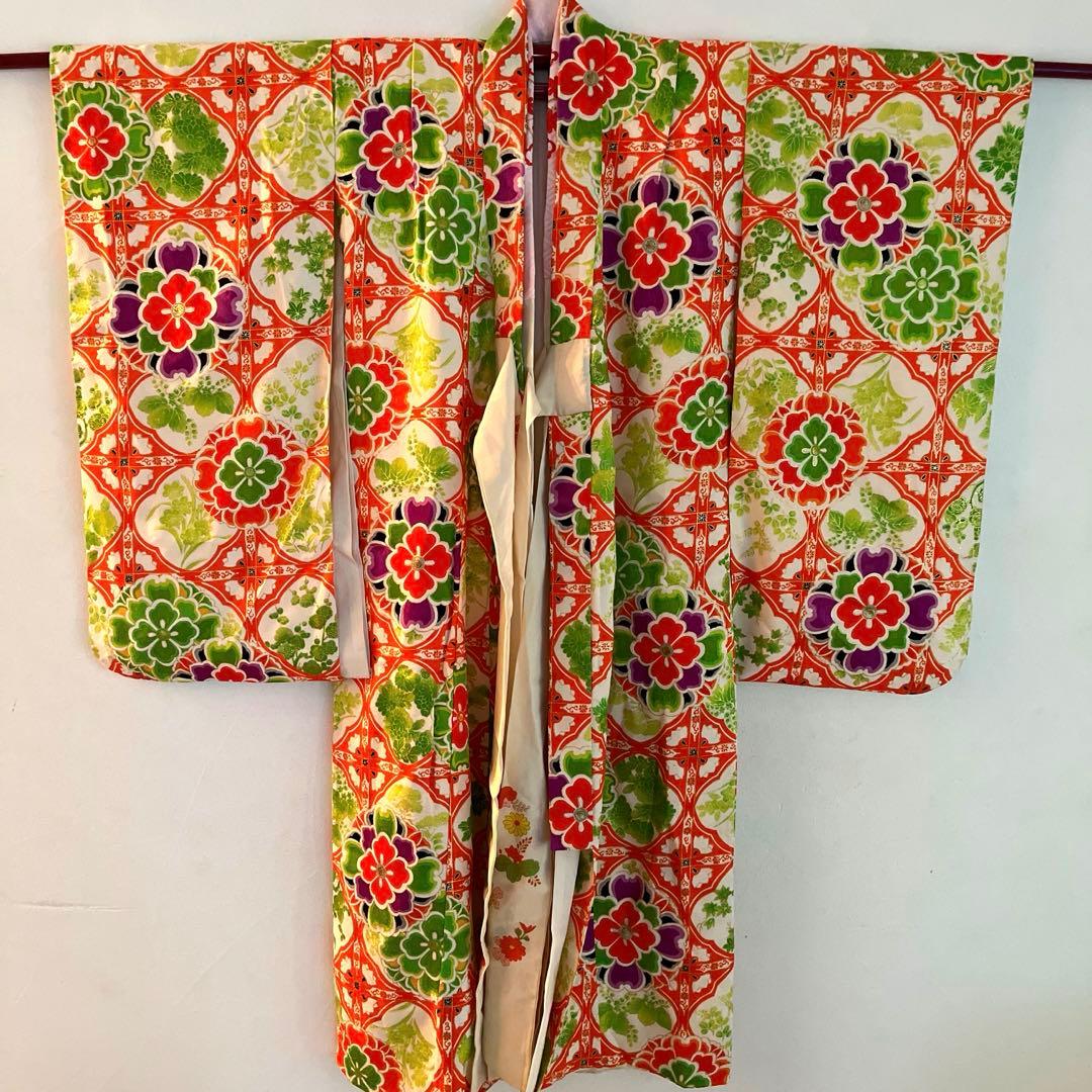 【写真映え◎】豪華正絹 七五三 レトロ花柄着物　長襦袢セット