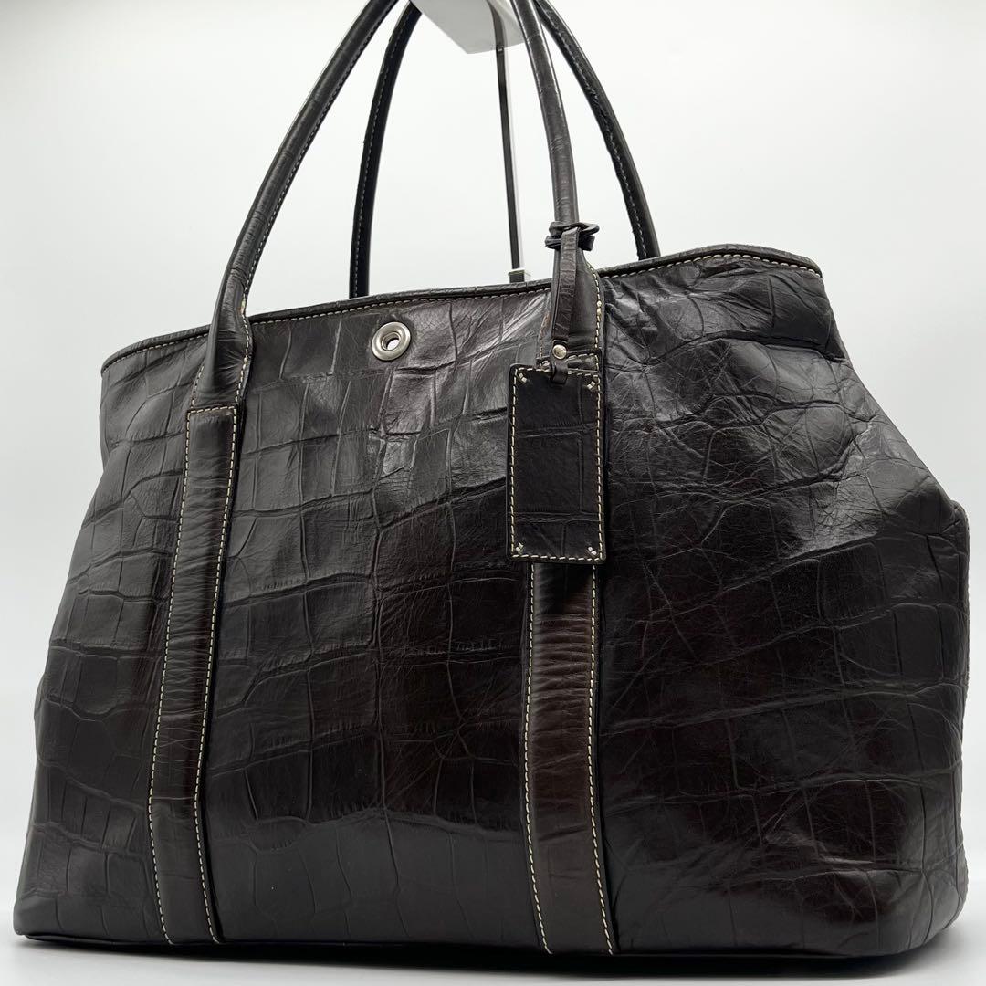 美品✨バーニーズニューヨーク　トートバッグ　クロコ型押し　レザー　濃茶　A4