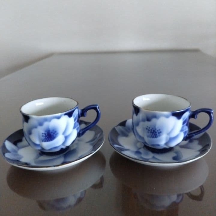 昭和レトロ⭐︎瑠璃色花模様のティーセット5点⭐︎新品未使用⭐︎手描きビンテージ