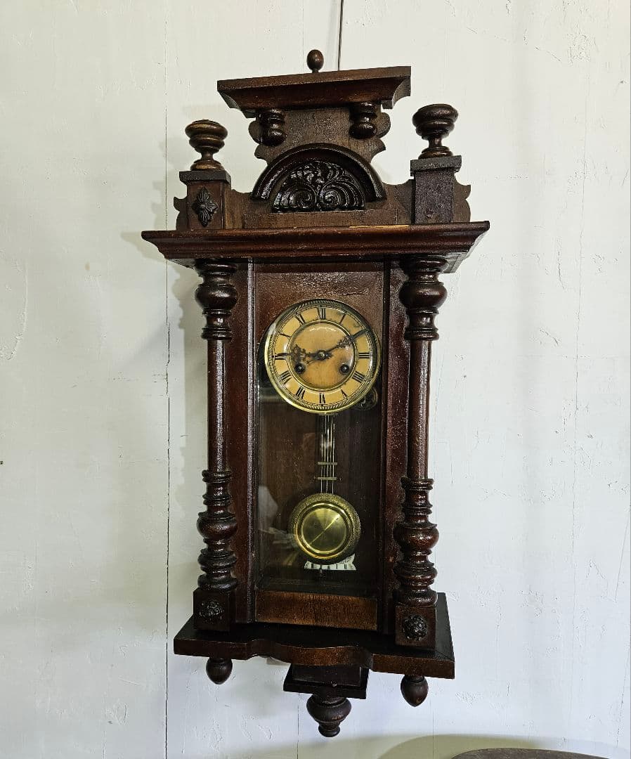 フランスアンティーク 木製の柱時計 琺瑯文字盤 壁掛け 振り子 ウォールクロック